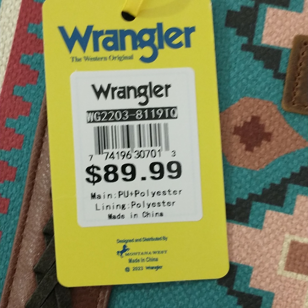 Wrangler Turquoise Aztec-Pattern Large Tote with Brown Trim - Picture 7 of 7
